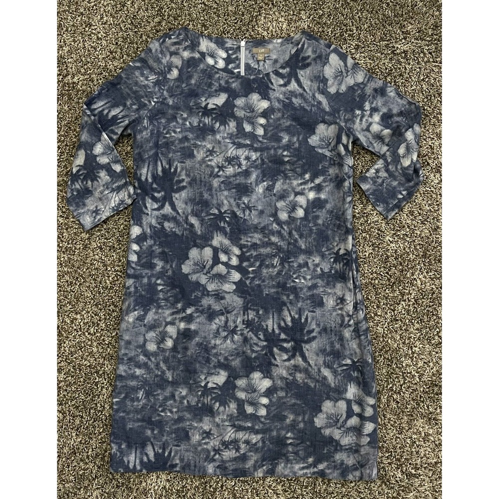 J.Jill Women's Blue Floral Palm Tree Print 3/4 Sleeve Casual‎ Dress